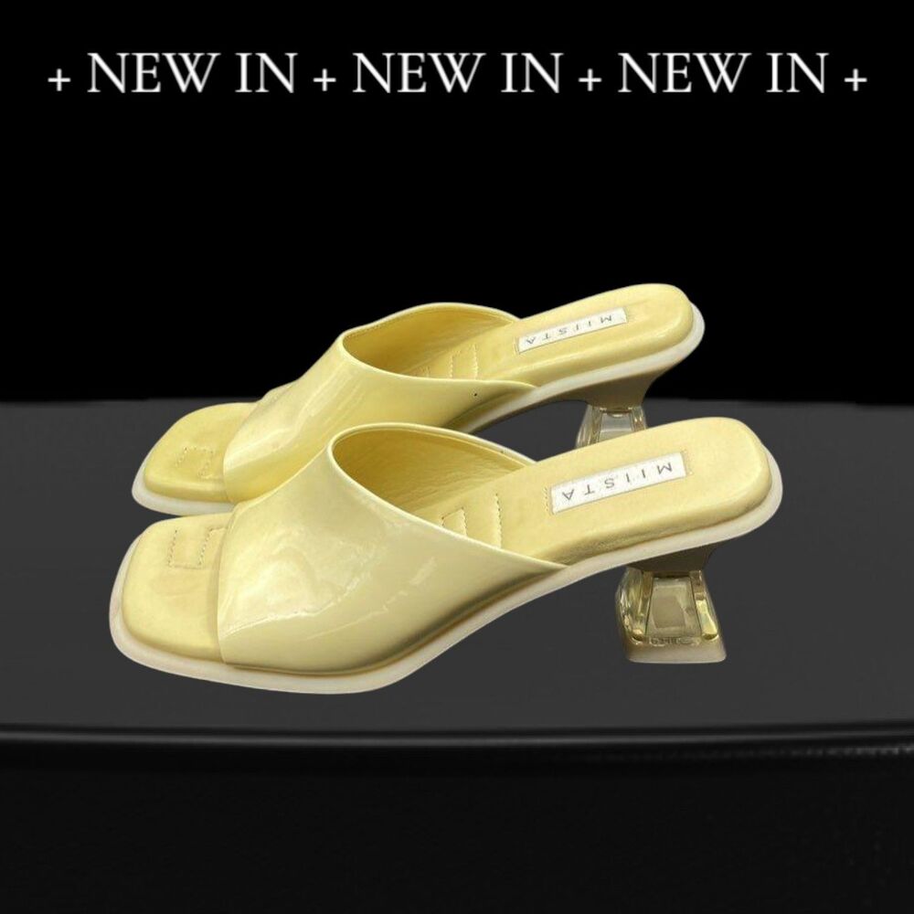 Miista Synthia Yellow Patent Leather Mules +Clear Lucite Heel EU38|US7 NWOT $400